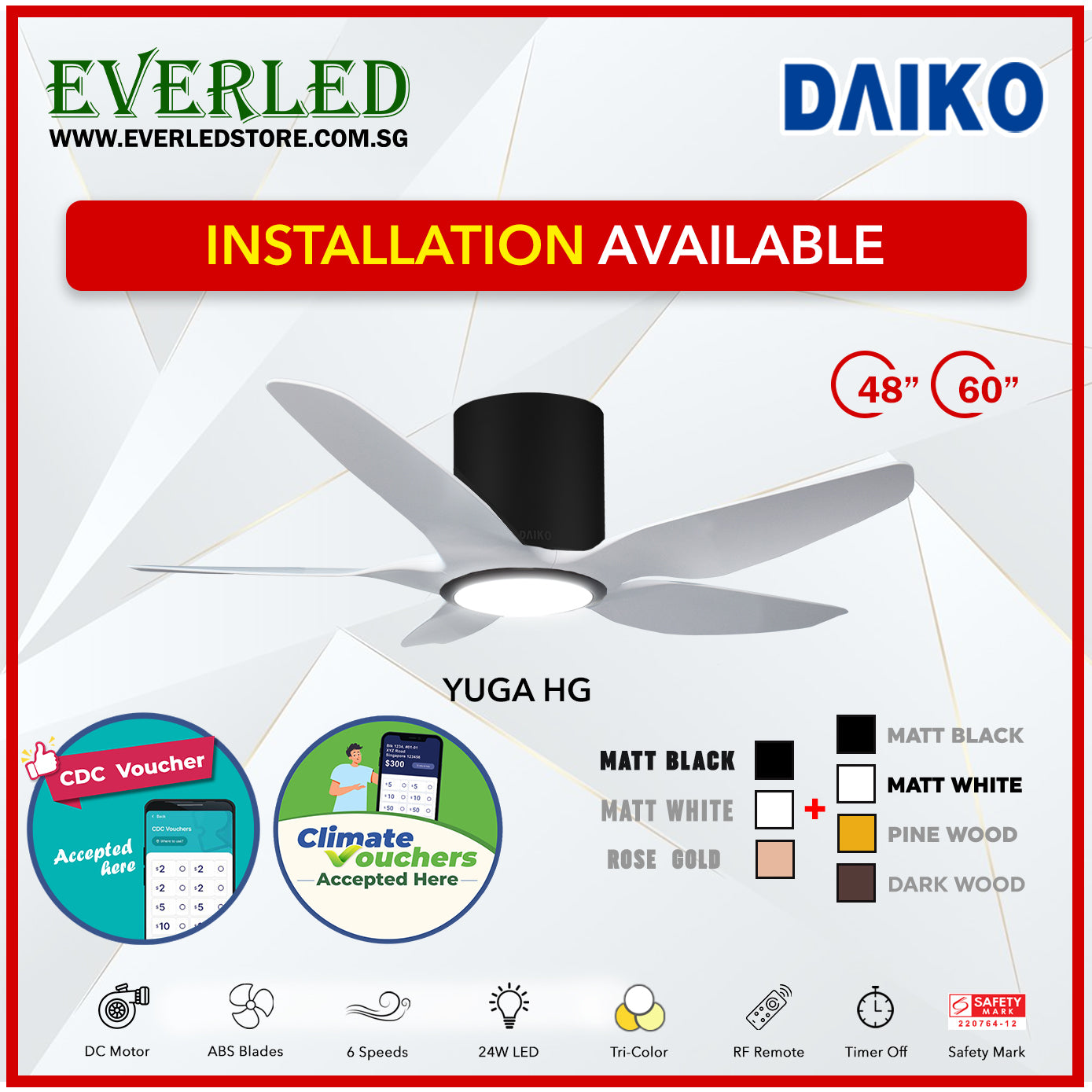 *FREE INSTALLATION* Daiko DC Yuga 5 48"/60"  with Tri-color LED (Inverter DC Fan) *CDC & Climate Voucher Accepted in Showroom*