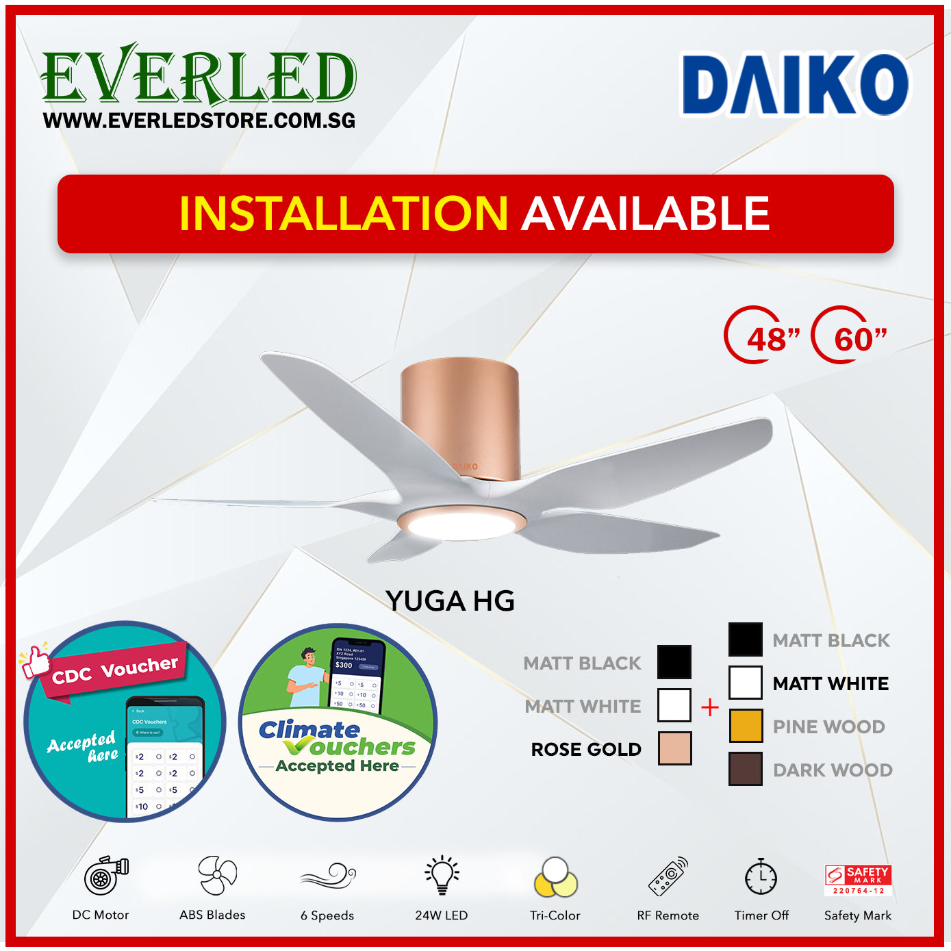 *FREE INSTALLATION* Daiko DC Yuga 5 48"/60"  with Tri-color LED (Inverter DC Fan) *CDC & Climate Voucher Accepted in Showroom*
