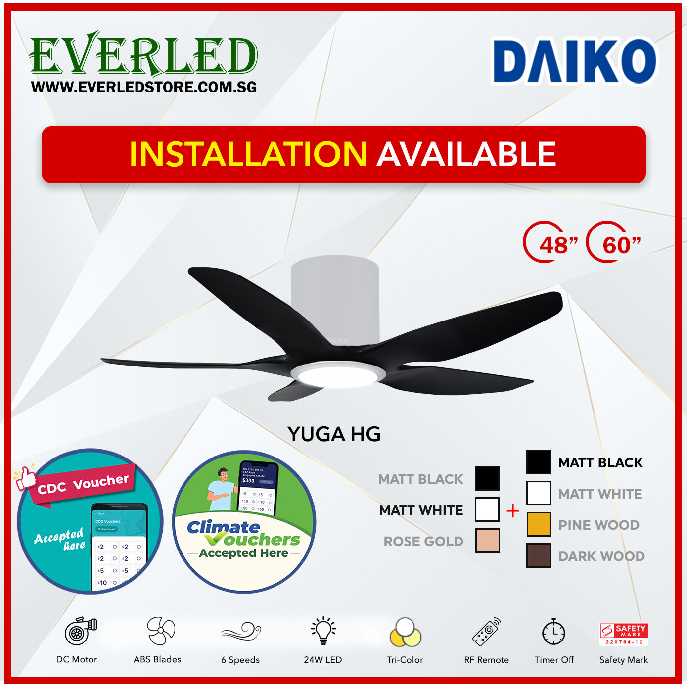 *FREE INSTALLATION* Daiko DC Yuga 5 48"/60"  with Tri-color LED (Inverter DC Fan) *CDC & Climate Voucher Accepted in Showroom*