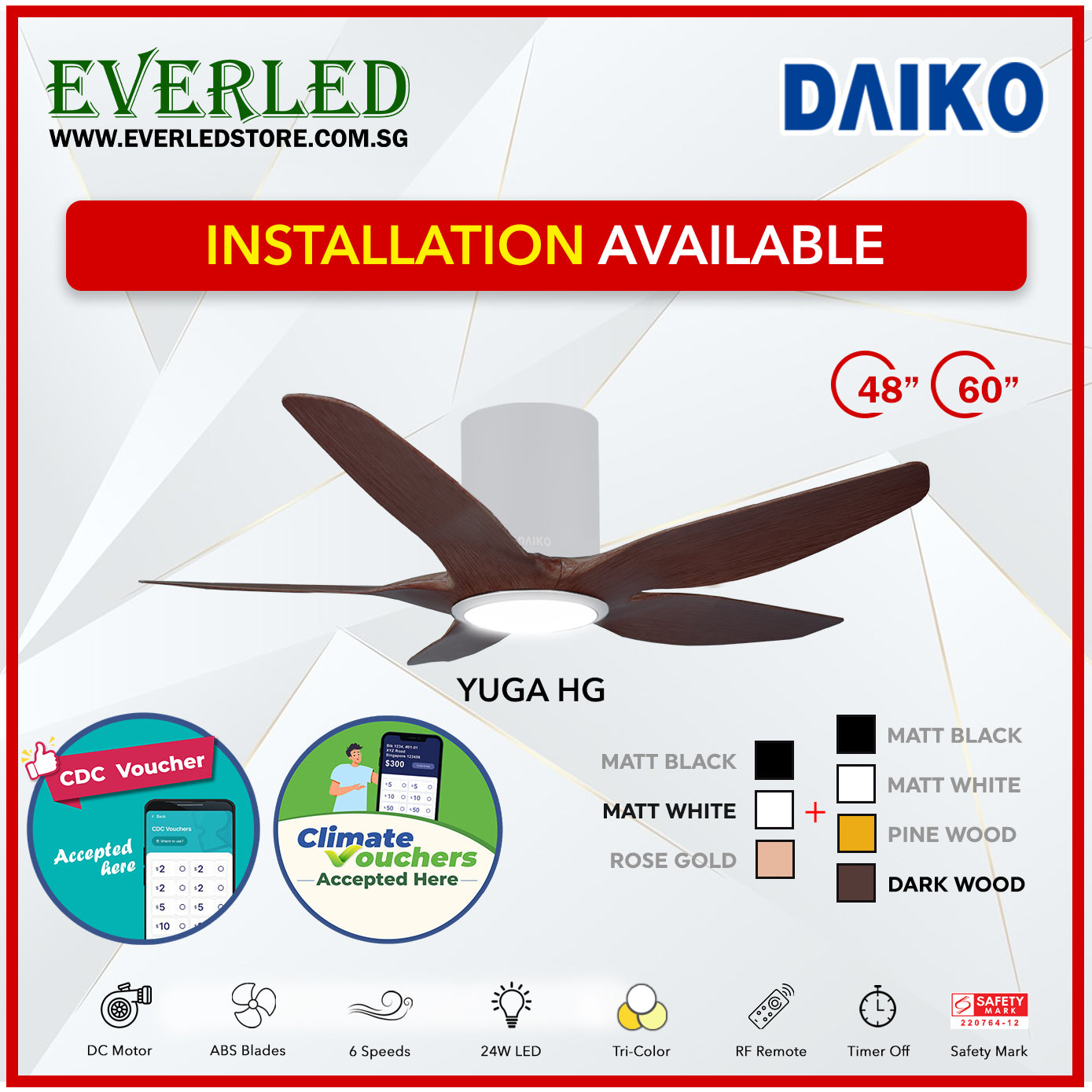 *FREE INSTALLATION* Daiko DC Yuga 5 48"/60"  with Tri-color LED (Inverter DC Fan) *CDC & Climate Voucher Accepted in Showroom*