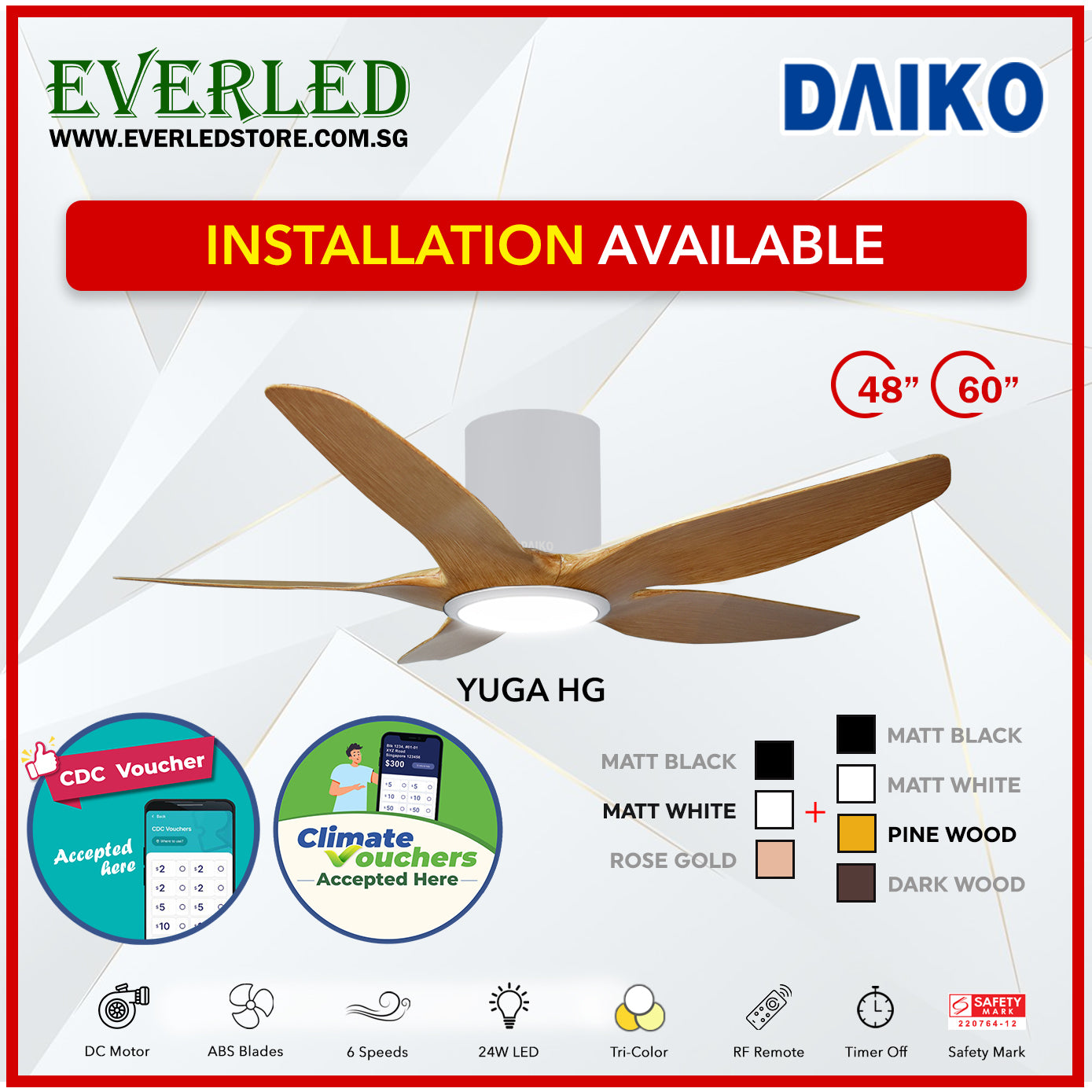 *FREE INSTALLATION* Daiko DC Yuga 5 48"/60"  with Tri-color LED (Inverter DC Fan) *CDC & Climate Voucher Accepted in Showroom*