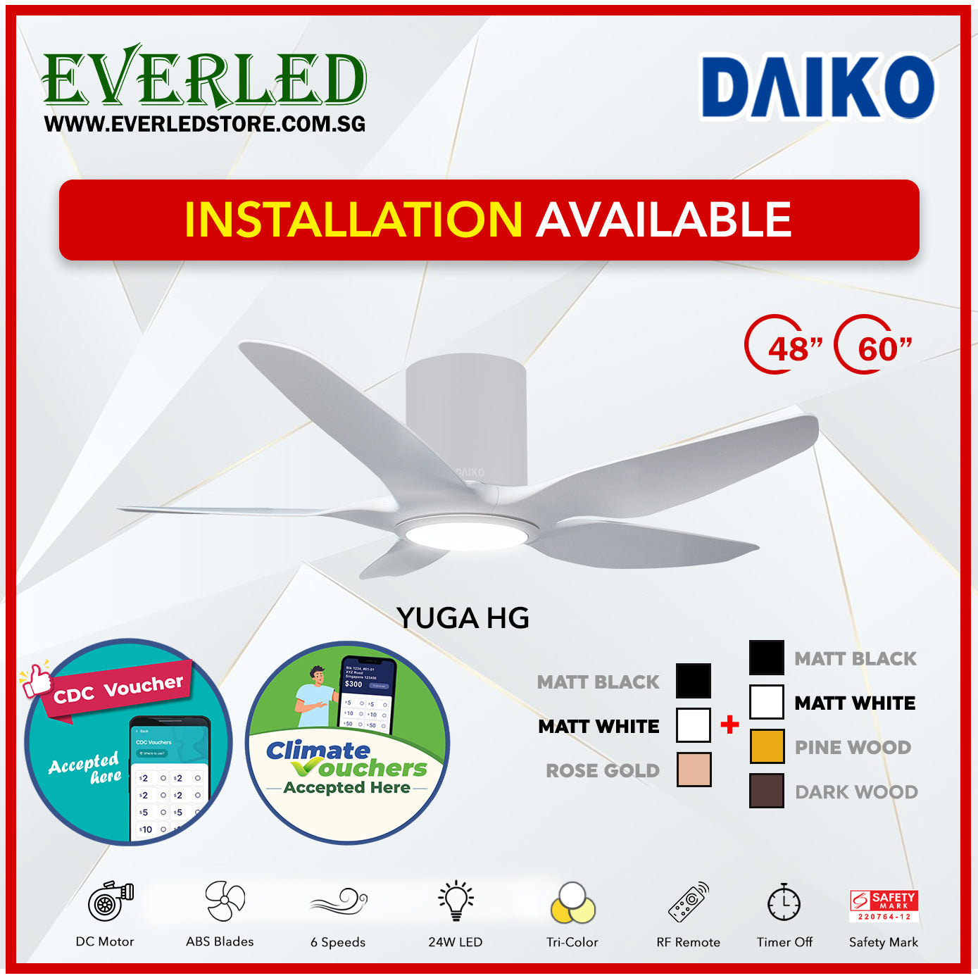 *FREE INSTALLATION* Daiko DC Yuga 5 48"/60"  with Tri-color LED (Inverter DC Fan) *CDC & Climate Voucher Accepted in Showroom*